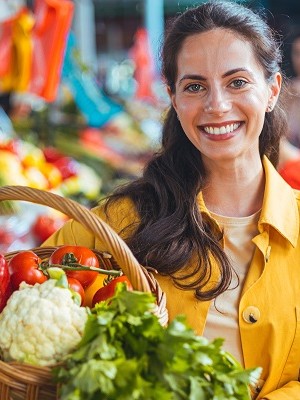 Smiling Woman Shopping Fresh Vegetables at a Bustling Farmers Market